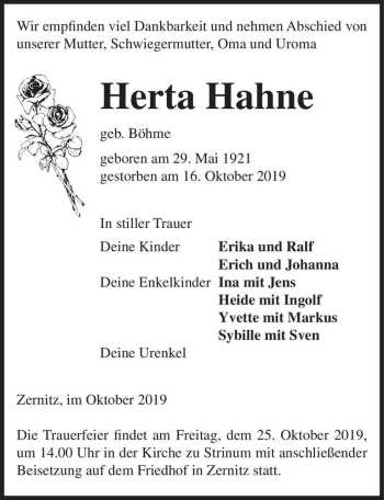 Traueranzeige von Herta Hahne (geb. Böhme)  von Magdeburger Volksstimme