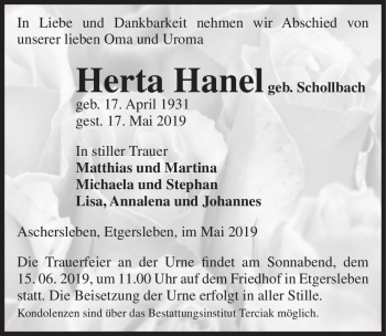 Traueranzeige von Herta Hanel (geb. Schollbach)  von Magdeburger Volksstimme