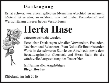 Traueranzeige von Herta Hase  von Magdeburger Volksstimme
