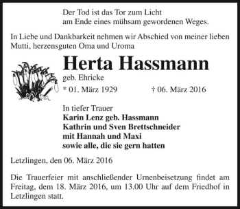 Traueranzeige von Herta Hassmann (geb. Ehricke)  von Magdeburger Volksstimme
