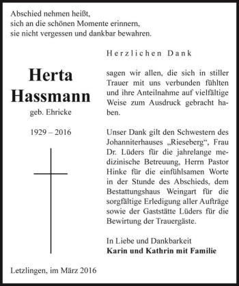 Traueranzeige von Herta Hassmann (geb. Ehricke)  von Magdeburger Volksstimme