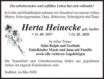 Traueranzeige von Herta Heinecke (geb. Sacher)  von Magdeburger Volksstimme