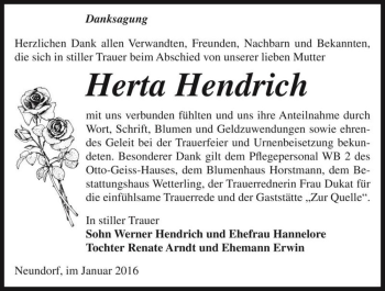 Traueranzeige von Herta Hendrich  von Magdeburger Volksstimme