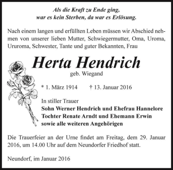 Traueranzeige von Herta Hendrich (geb. Wiegand)  von Magdeburger Volksstimme