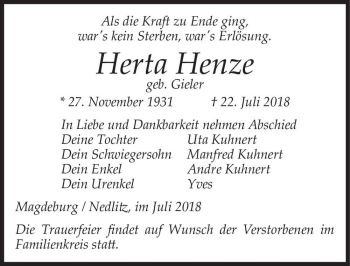 Traueranzeige von Herta Henze (geb. Gieler)  von Magdeburger Volksstimme