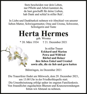 Traueranzeige von Herta Hermes (geb. Wronna)  von Magdeburger Volksstimme