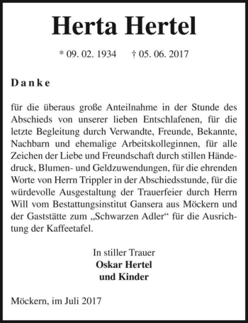 Traueranzeige von Herta Hertel  von Magdeburger Volksstimme