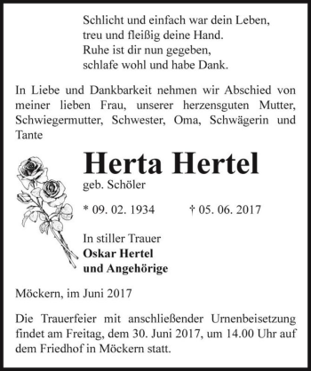 Traueranzeige von Herta Hertel (geb. Schöler)  von Magdeburger Volksstimme