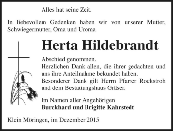 Traueranzeige von Herta Hildebrandt  von Magdeburger Volksstimme