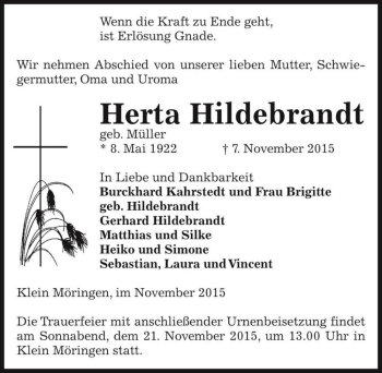 Traueranzeige von Herta Hildebrandt (geb. Müller)  von Magdeburger Volksstimme