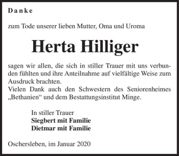 Traueranzeige von Herta Hilliger  von Magdeburger Volksstimme