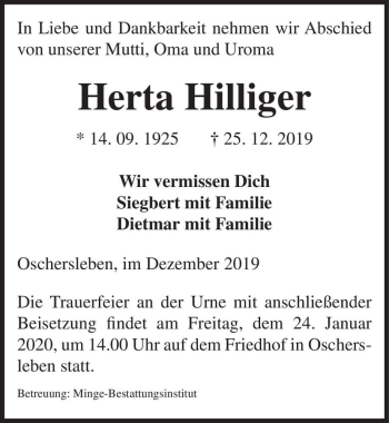 Traueranzeige von Herta Hilliger  von Magdeburger Volksstimme