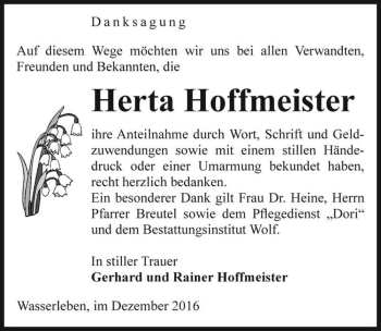 Traueranzeige von Herta Hoffmeister  von Magdeburger Volksstimme