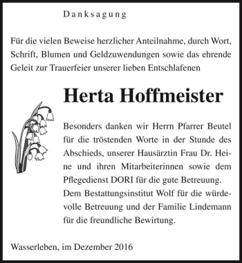 Traueranzeige von Herta Hoffmeister  von Magdeburger Volksstimme