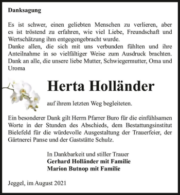 Traueranzeige von Herta Holländer  von Magdeburger Volksstimme