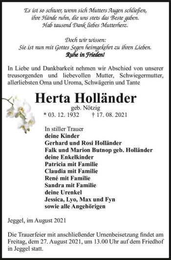 Traueranzeige von Herta Holländer (geb. Nötzig)  von Magdeburger Volksstimme