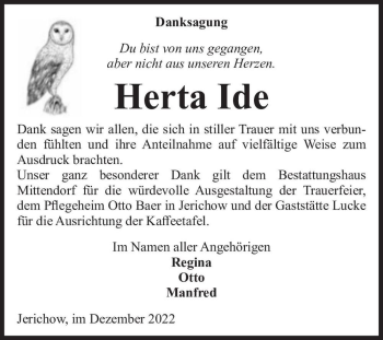 Traueranzeige von Herta Ide  von Magdeburger Volksstimme