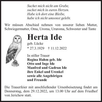 Traueranzeige von Herta Ide (geb. Lücke)  von Magdeburger Volksstimme