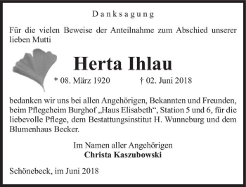 Traueranzeige von Herta Ihlau  von Magdeburger Volksstimme