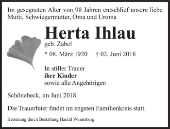 Traueranzeige von Herta Ihlau (geb. Zabel)  von Magdeburger Volksstimme