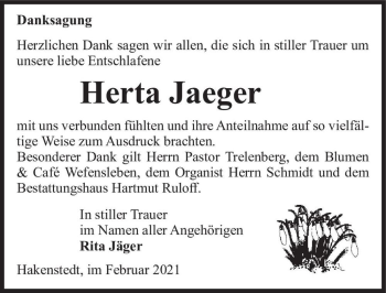 Traueranzeige von Herta Jaeger  von Magdeburger Volksstimme