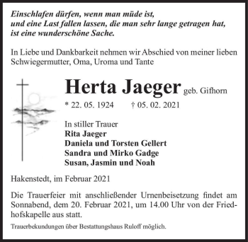 Traueranzeige von Herta Jaeger (geb. Gifhorn)  von Magdeburger Volksstimme