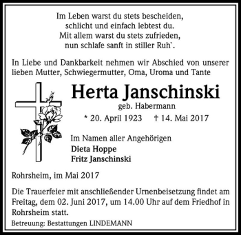 Traueranzeige von Herta Janschinski (geb. Habermann)  von Magdeburger Volksstimme