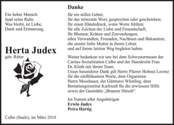 Traueranzeige von Herta Judex (geb. Ritter)  von Magdeburger Volksstimme