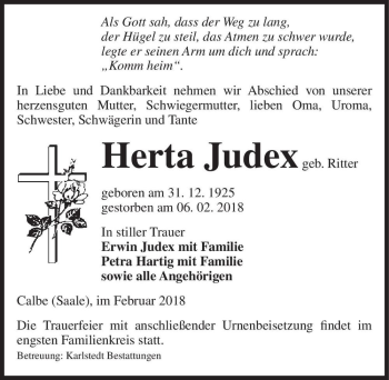 Traueranzeige von Herta Judex (geb. Ritter)  von Magdeburger Volksstimme
