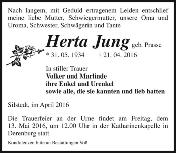 Traueranzeige von Herta Jung (geb. Prasse)  von Magdeburger Volksstimme