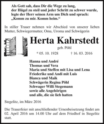 Traueranzeige von Herta Kahrstedt (geb. Pöhl)  von Magdeburger Volksstimme