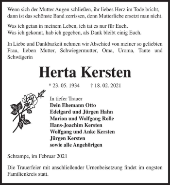 Traueranzeige von Herta Kersten  von Magdeburger Volksstimme