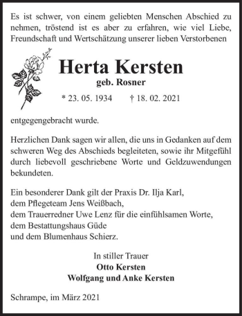 Traueranzeige von Herta Kersten (geb. Rosner)  von Magdeburger Volksstimme