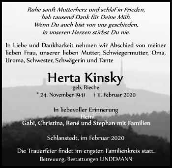 Traueranzeige von Herta Kinsky (geb. Rieche)  von Magdeburger Volksstimme