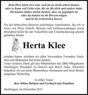 Traueranzeige von Herta Klee  von Magdeburger Volksstimme