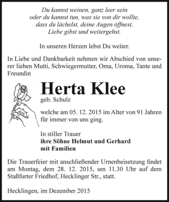 Traueranzeige von Herta Klee (geb. Schulz)  von Magdeburger Volksstimme