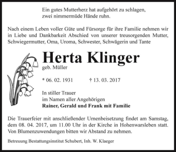 Traueranzeige von Herta Klinger (geb. Müller)  von Magdeburger Volksstimme