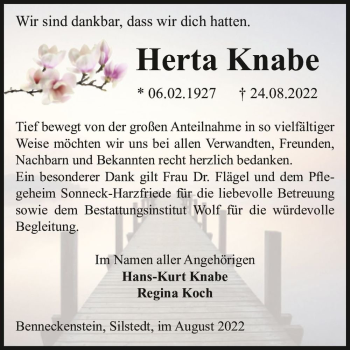 Traueranzeige von Herta Knabe  von Magdeburger Volksstimme