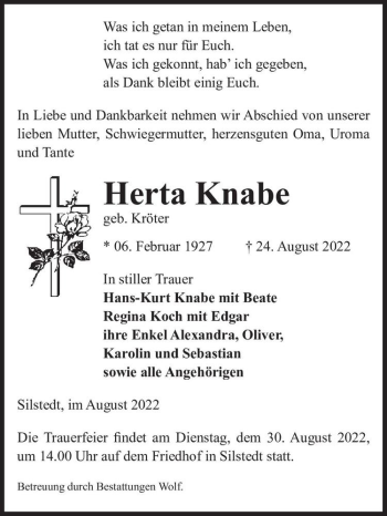 Traueranzeige von Herta Knabe (geb. Kröter)  von Magdeburger Volksstimme