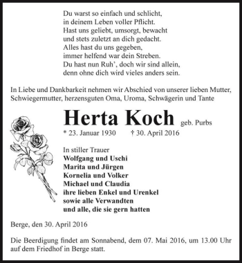 Traueranzeige von Herta Koch (geb. Purbs)  von Magdeburger Volksstimme