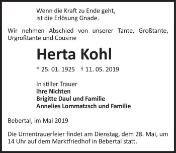 Traueranzeige von Herta Kohl  von Magdeburger Volksstimme