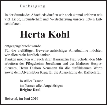 Traueranzeige von Herta Kohl  von Magdeburger Volksstimme