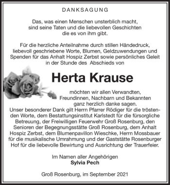 Traueranzeige von Herta Krause  von Magdeburger Volksstimme