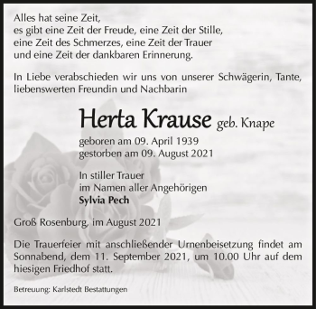 Traueranzeige von Herta Krause (geb. Knape)  von Magdeburger Volksstimme
