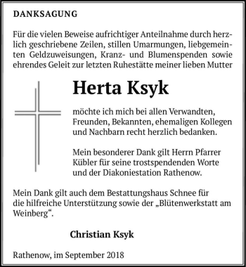 Traueranzeige von Herta Ksyk  von Magdeburger Volksstimme