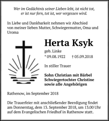 Traueranzeige von Herta Ksyk (geb. Linke)  von Magdeburger Volksstimme