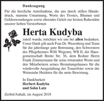 Traueranzeige von Herta Kudyba  von Magdeburger Volksstimme