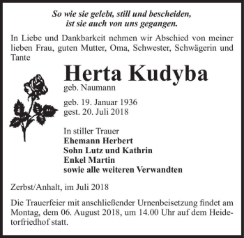 Traueranzeige von Herta Kudyba (geb. Naumann)  von Magdeburger Volksstimme