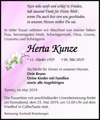 Traueranzeige von Herta Kunze  von Magdeburger Volksstimme