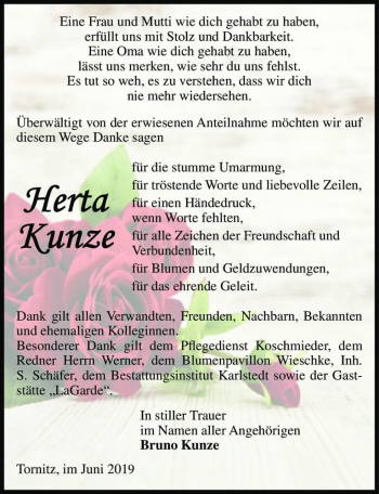 Traueranzeige von Herta Kunze  von Magdeburger Volksstimme